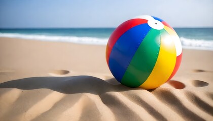 Obraz premium A colorful beach ball on a sandy beach with the ocean in the background
