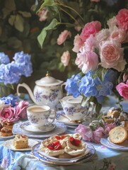 Fototapeta premium A beautifully arranged afternoon tea setup featuring delicate china, fresh pastries, and an abundance of pink and blue flowers.
