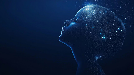 Obraz premium Child silhouette with stars in head, concept of imagination, dreams and universe, dark blue background