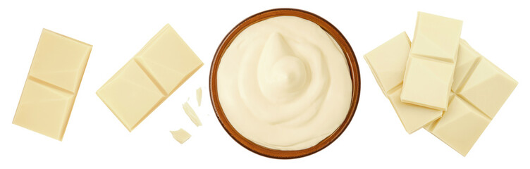 White Chocolate cream in bowl isolated on white.  Melted white chocolate and chocolate bar pieces top view. Chocolate spread Flat lay. Creative layout.