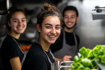 Smiling Young Chefs in Restaurant Kitchen Preparing Fresh Ingredients : Generative AI