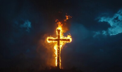 Naklejka premium Burning cross symbolizing faith, fire, and spirituality against dark sky