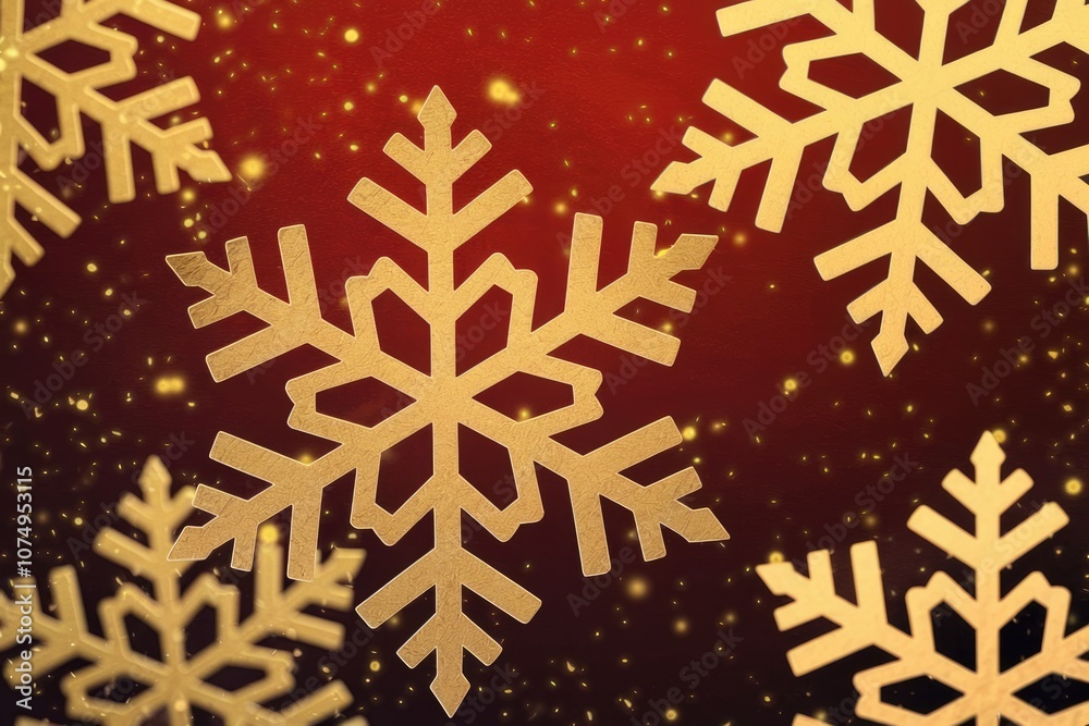 Poster golden snowflakes on a red background with sparkling glitter.