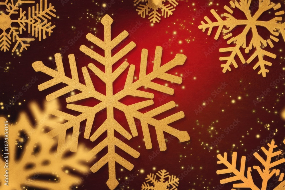 Poster golden snowflakes on a red background with glitter.