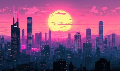 Fototapeta premium Futuristic city skyline at sunset, vibrant colors, towering skyscrapers, urban landscape