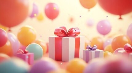 Colorful Gift Boxes with Bows Surrounded by Vibrant Balloons : Generative AI