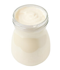 Organic Mayonnaise in a glass jar isolated. Homemade Mayo on white background. Fresh Mayonnaise, Sour cream or Yogurt close up