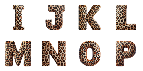 Leopard Print Alphabet Letters I, J, K, L, M, N, O, P : Bold letters I to P with realistic leopard print pattern
