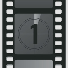 Countdown film strip frame with number one. Retro cinema movie timer counter. Vector illustration