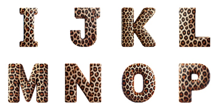 Leopard Print Alphabet Letters I, J, K, L, M, N, O, P : Bold letters I to P with realistic leopard print pattern
