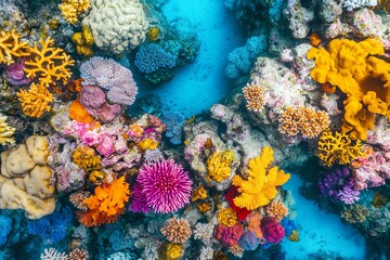 Top view of a vibrant coral reef in clear waters. © JBMotillon