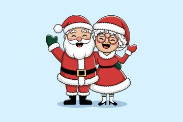 Santa Claus and Mrs. Claus are smiling and waving.
