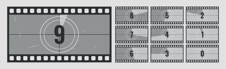 Countdown frames set. Old movie timer counter in filmstrip frame. Retro cinema countdown backgrounds with grunge texture. Vector illustration