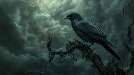 Fototapeta premium A dark raven perched on a twisted branch under a stormy sky, evoking a sense of mystery and foreboding.