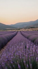 A breathtaking lavender field stretches out beneath a colorful sunset in Provence, showcasing...