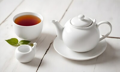 Fototapeta premium A white ceramic teapot and a cup of tea on a wooden table