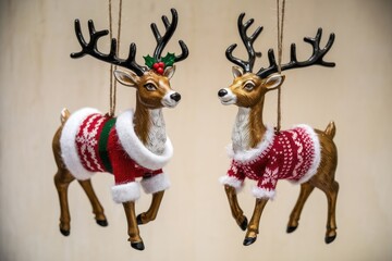 Fototapeta premium Two reindeer ornaments with red and white sweaters hanging from strings.