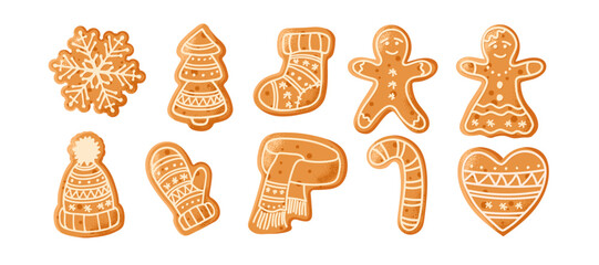 Gingerbread Cookie Set. Collection of Festive Gingerbread Treats Featuring Various Shapes, Icing Designs, Holiday Themes for Celebrating Christmas, Baking, Sweet Seasonal Decor. Winter Holiday symbol.