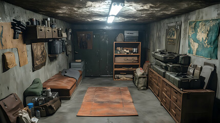 Obraz premium A dimly lit, industrial-style room filled with equipment, creating an atmosphere of preparedness and survival.