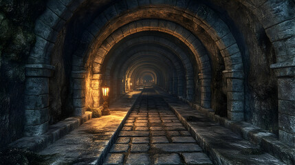 Obraz premium A dimly lit stone tunnel with arches, showcasing an ancient architectural style and a mysterious atmosphere.