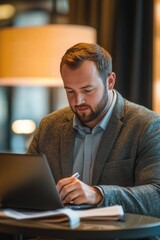 Businessman working diligently on his laptop at a desk, taking notes with pen and paper.