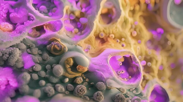 A crosssectional view of the Golgi apparatus with proteins traveling through the various cisternae and being modified along the way.