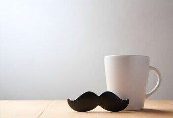 A black mustache prop on a wooden surface next to a white ceramic mug