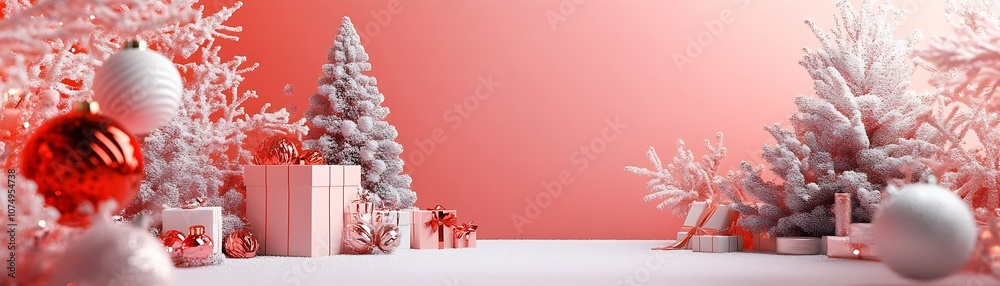 Poster Magical Snowy Christmas Scene with Frosted Trees and Shiny Ornaments in a Pink Setting : Generative AI