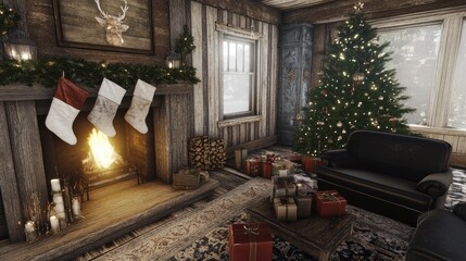 A cozy living room decorated for Christmas with a glowing tree, stockings hung by the fireplace, and gifts underneath.