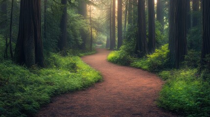 A winding path through a tranquil redwood forest at dusk, inviting exploration and reflection in nature