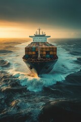 Fototapeta premium Aerial View of Cargo Ship Navigating Through Ocean Waves at Sunset with Dramatic Sky