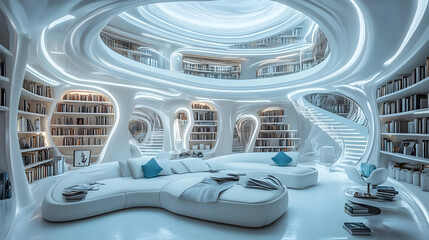 A futuristic library with curved designs, modern furniture, illuminated shelves, and a tranquil atmosphere.