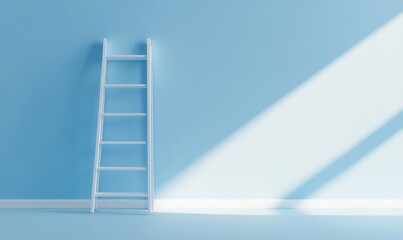Ladder against blue wall, soft shadows, minimalistic design