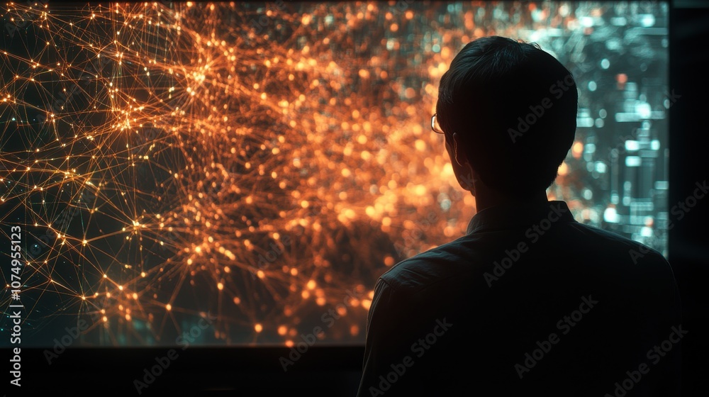 Poster scientist analyzing complex data patterns in a high-tech research laboratory at dusk