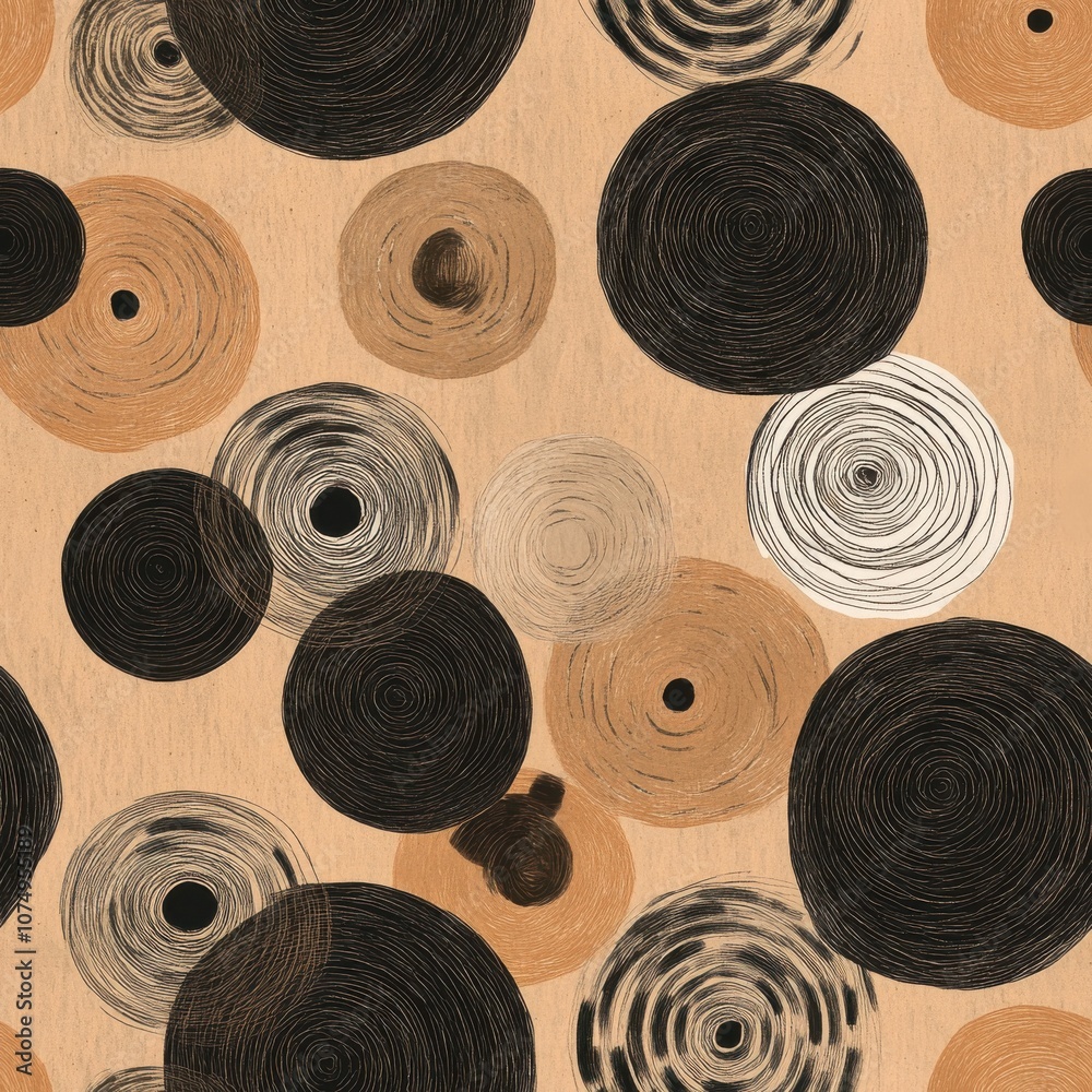Poster hand-drawn seamless pattern of circles on a neutral background featuring earthy tones and various si