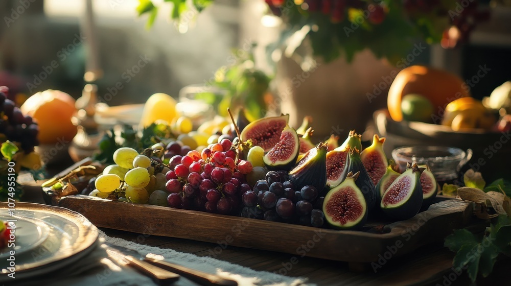 Poster A rustic table setting adorned with fresh fruits and elegant candlelight, creating a warm atmosphere for a cozy gathering