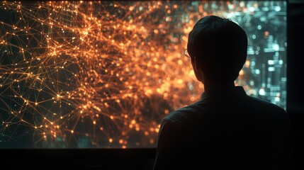 Scientist analyzing complex data patterns in a high-tech research laboratory at dusk