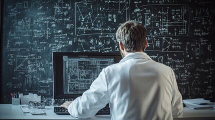 A scientist in a lab coat reviews complex data on a computer in a research lab filled with mathematical equations and diagrams