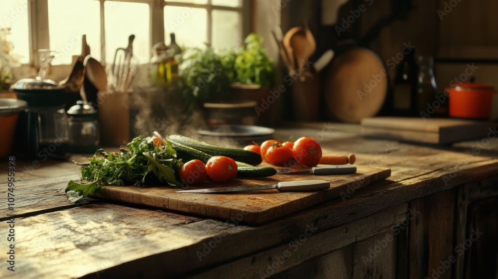 Poster a rustic kitchen filled with fresh vegetables on a wooden countertop creating a warm and inviting at