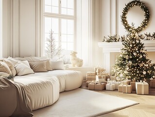 Fototapeta premium Bright and Cozy Christmas Living Room with Sofa and Tree in Soft Natural Light : Generative AI
