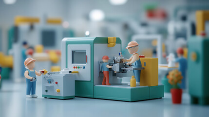 Fototapeta premium Miniature factory scene with workers operating machinery and equipment, showcasing vibrant and detailed industrial environment