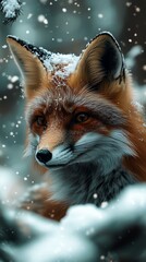 Fototapeta premium A red fox with snow on its fur looks towards the camera in a snowy forest.
