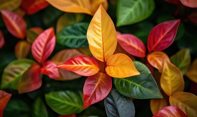 Colorful leaves in vibrant shades of red, orange, yellow, and green