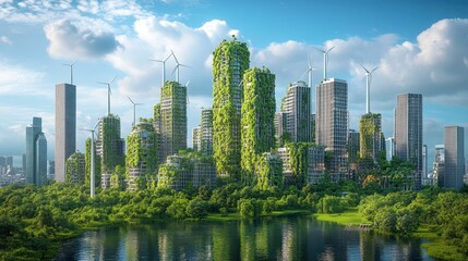 Fototapeta premium Futuristic Eco-Friendly Cityscape with Green Skyscrapers and Wind Turbines Reflecting in a Tranquil Lake Under a Blue Sky