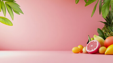 Vibrant Exotic Fruits on a Smooth Gradient Background with Lush Greenery for Freshness and Appeal in Design