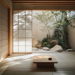 Japanese Tea Room Interior Design with Tatami Mat Wood Floor and Stone Garden View