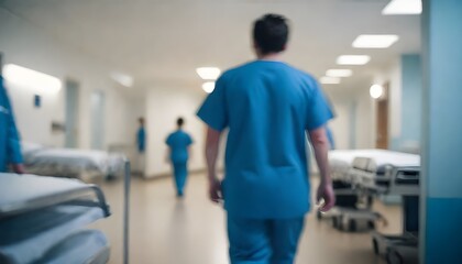 Obraz premium A blurred image of a doctor wearing blue medical scrubs walking down a hospital hallway