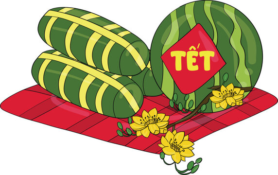 Set of banh tet, watermelon, and ochna (apricot blossom) for Lunar New Year. Art & Illustration