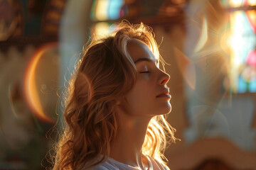 Generative AI Portrait of Peaceful Person in Church with Radiant Light and Religious Reverence