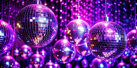 Party under vibrant disco ball purple glow.